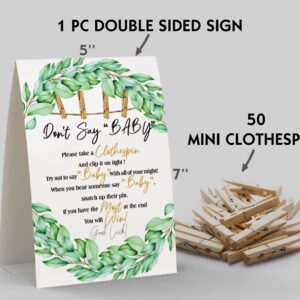 Don't Say Baby Sign, Baby Shower Clothespin Game, Includes a 5x7 Standing Sign and 50 Mini Natural Clothespins - Toctose041