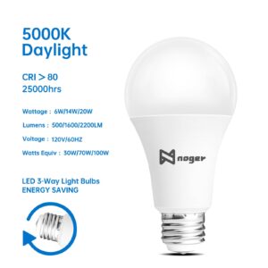 Noger 3-Way Led Light Bulbs A21 4 Pack, 3 Way Light Bulbs 50 100 150W Equivalent, 5000K Daylight, 3 Way E26 Light Bulbs for Reading, 500-1600-2200LM