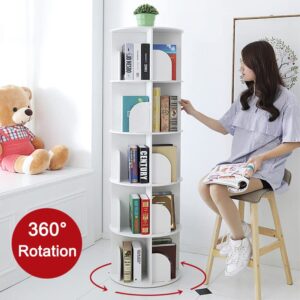 foriy 5 Tier Rotating Bookshelf 360° Revolving Bookcase Modern Tall Book Shelf Storage Display Rack Floor Standing Shelves with Baffle for Home Living Room Study Office White 63''X18''X18''