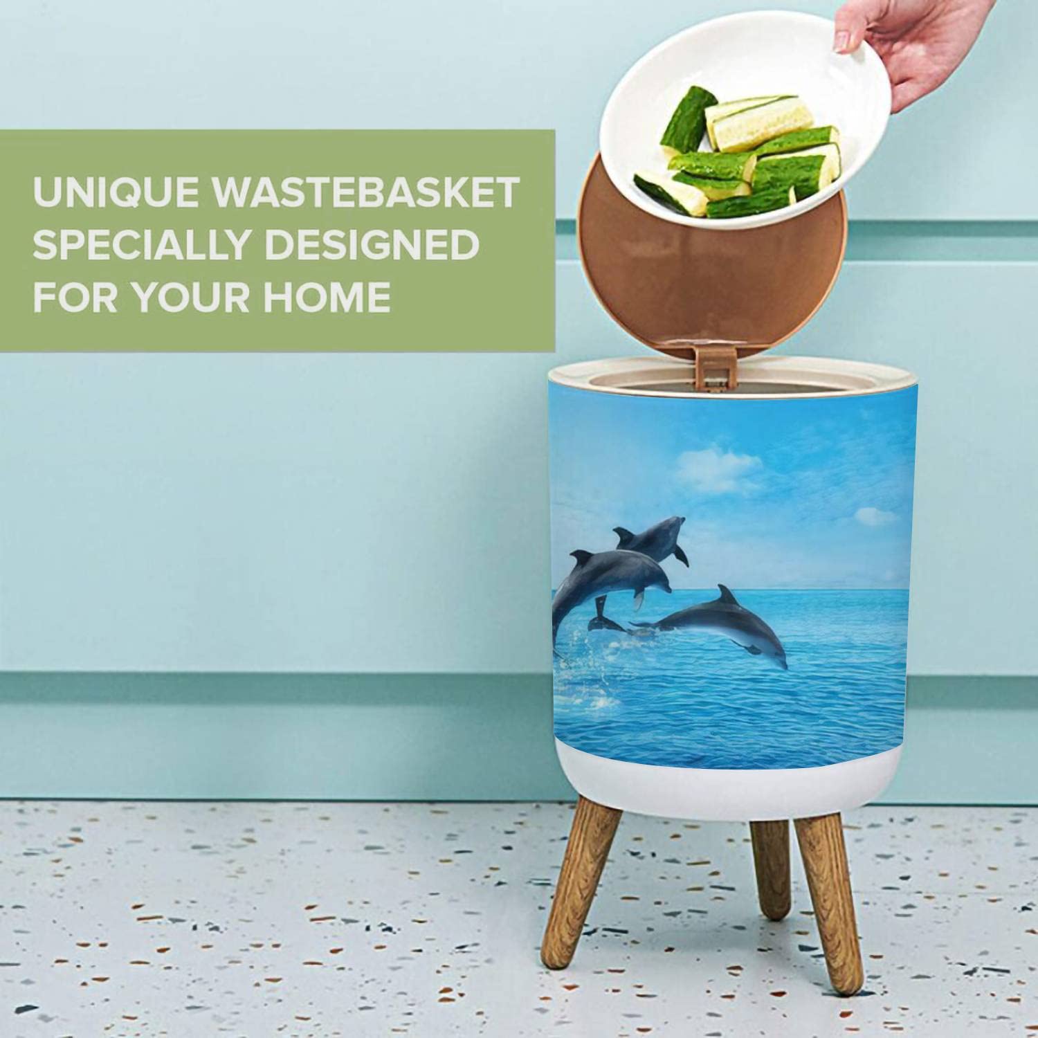 Small Trash Can with Lid Beautiful bottlenose dolphins jumping out of sea with clear blue water Garbage Bin Round Waste Bin Press Cover Dog Proof Wastebasket for Kitchen Bathroom Living Room 1.8 Gallon