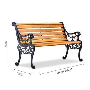 Outdoor Solid Wood Garden Park Bench, Patio Lawn Bench Porch Seat with Rust Resistant Cast Iron Frame, Slatted Seat with Backrest and Armrests for 2-3 People, Furniture for Deck/patio