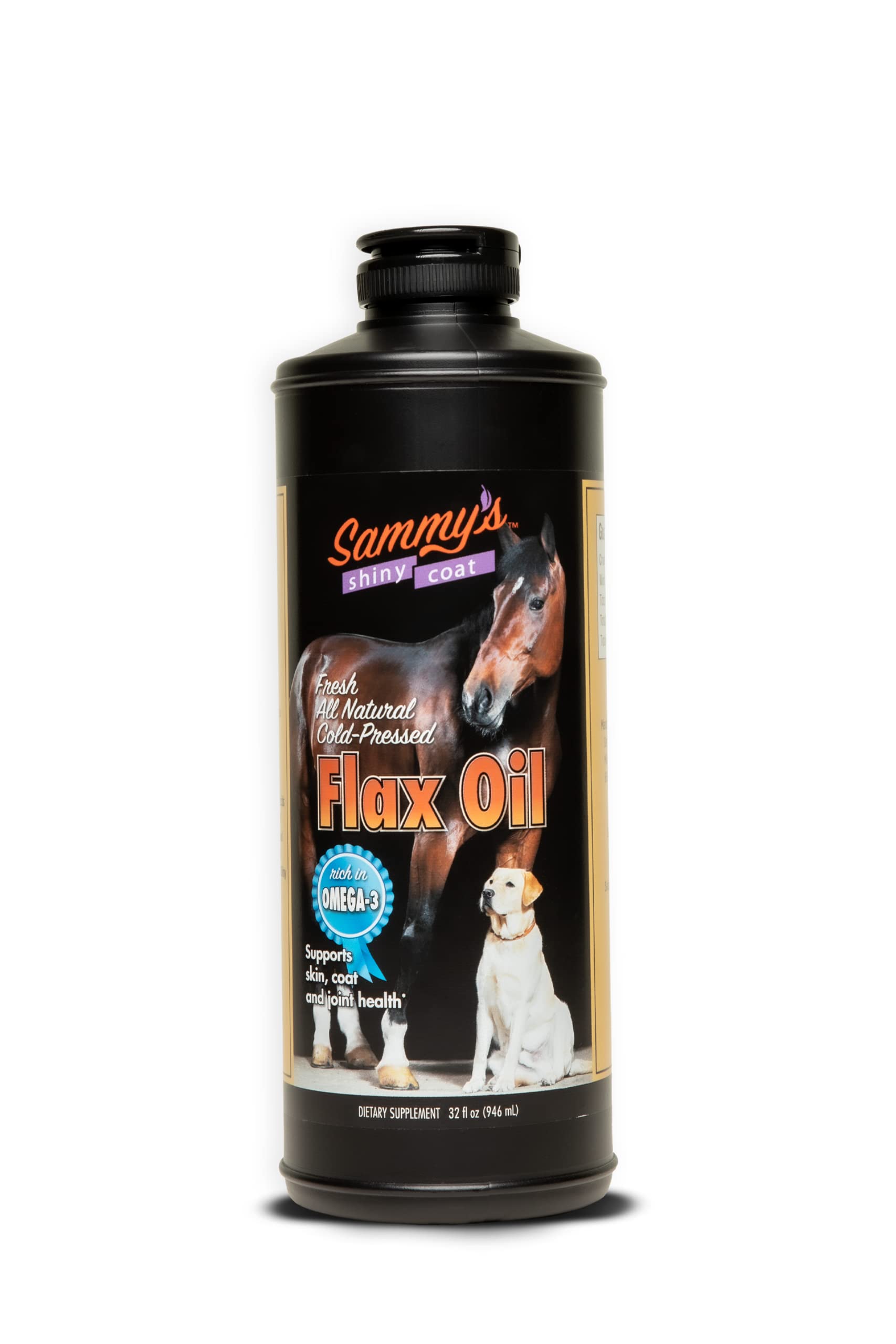 Sammy’s™ Shiny Coat Flaxseed Oil - 100% Pure, Natural Flax Oil, Cold-Pressed, Excellent Source of Omega-3 for Your Furry Friend, for Healthier Skin and Coat of Your Dogs, Cats, Other Pets - 32 Oz