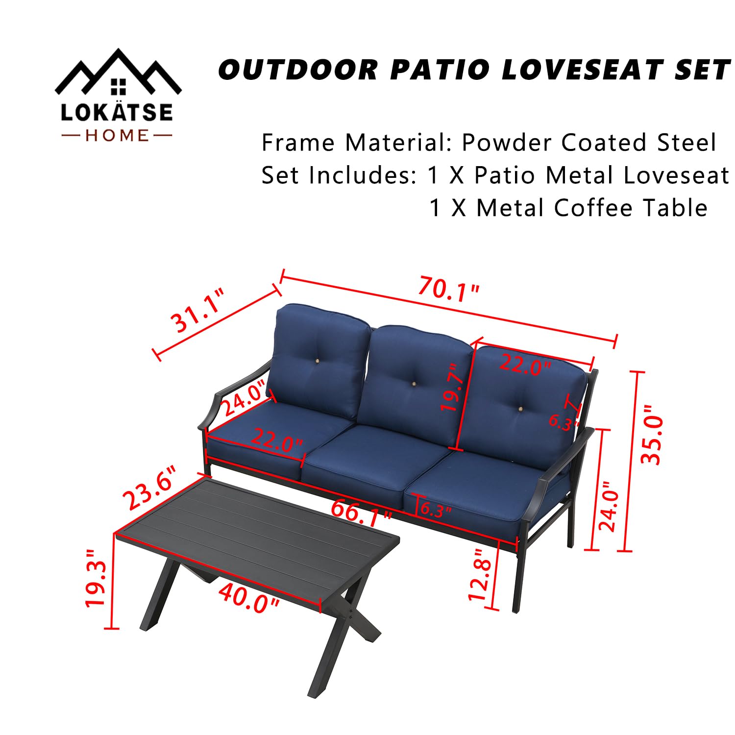 LOKATSE HOME Outdoor Patio Cushioned Loveseat 3 Seats Sofa Bench with Metal Coffee Table, Blue