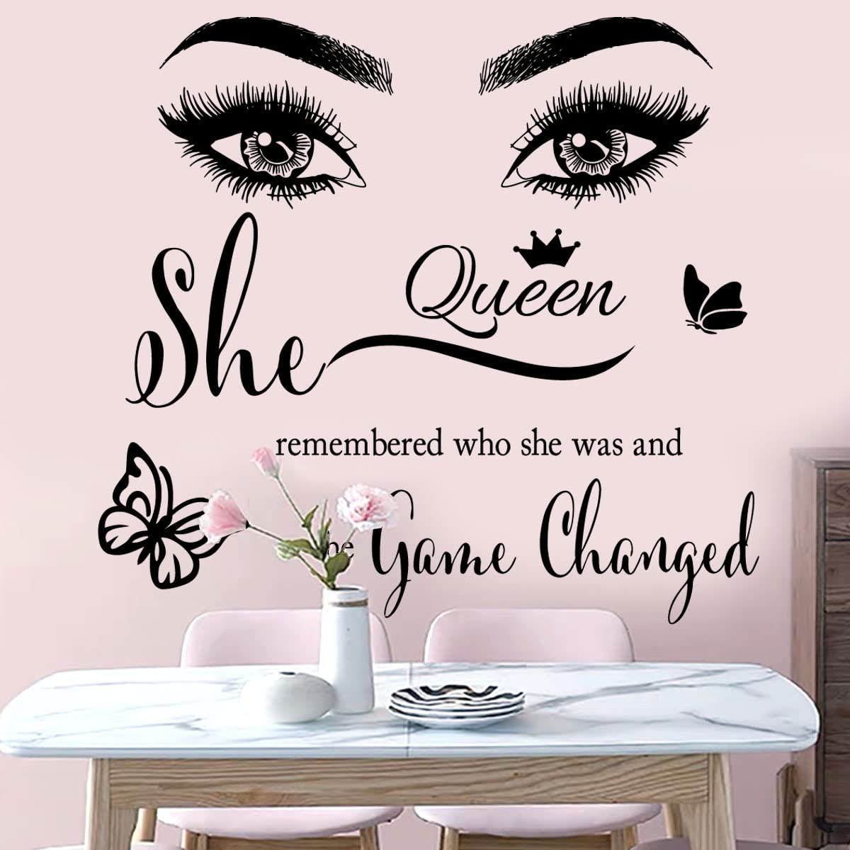 Inspirational Wall Sticker Pretty Eyelashes Eyes Wall Decals Motivational Word Letter Decal Wall Art Quote She Remembered Who She Was and The Game Changed Wall Stickers for Women Girls Bedroom Living