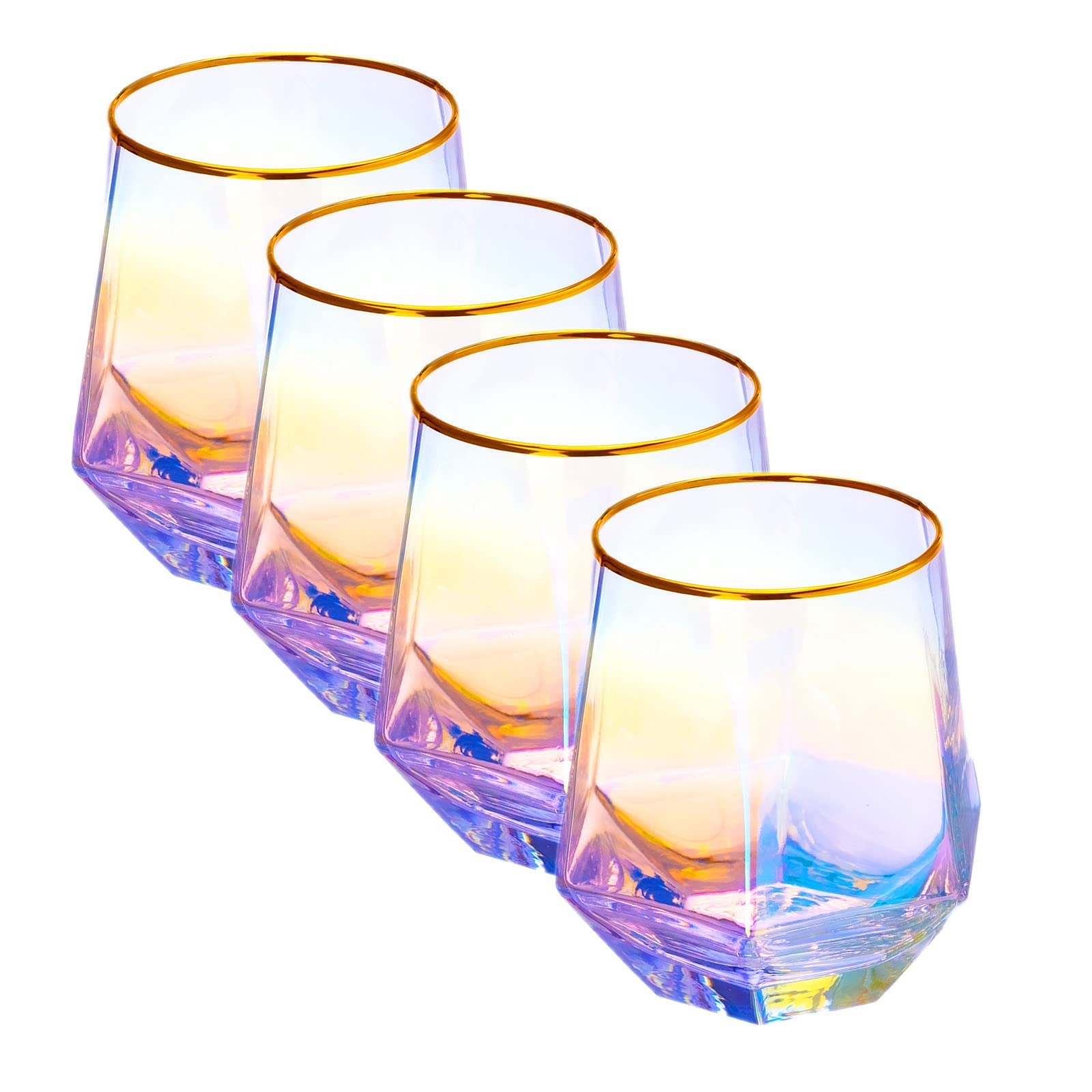 YUHANOER Wine Glasses Set Of 4,Diamond Stemless Wine Glasses - Iridescent Glassware with Gold Rim, for Spirits,Cocktails,Whisky,Bourbon or Drinking Glasses,Wine lovers