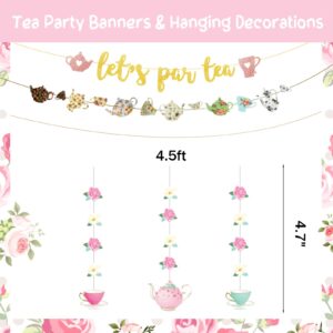 Hombae Tea Party Decorations, Rose Gold Let's Par Tea Balloons, Rose Foil Balloons, Tea Flower Cutouts for Wedding Bridal Shower Engagement Bachelorette Girls Tea Birthday Party