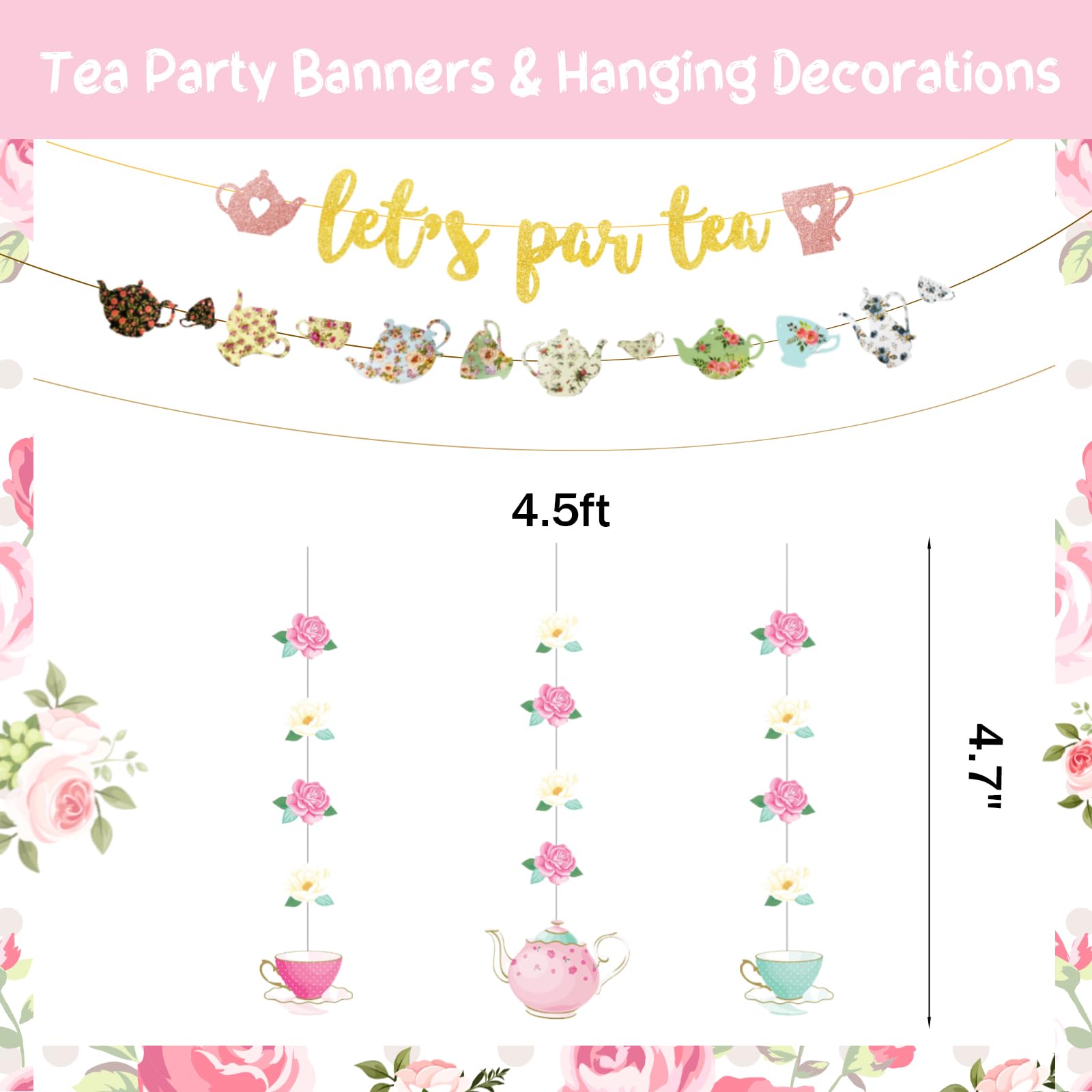 Hombae Tea Party Decorations, Rose Gold Let's Par Tea Balloons, Rose Foil Balloons, Tea Flower Cutouts for Wedding Bridal Shower Engagement Bachelorette Girls Tea Birthday Party