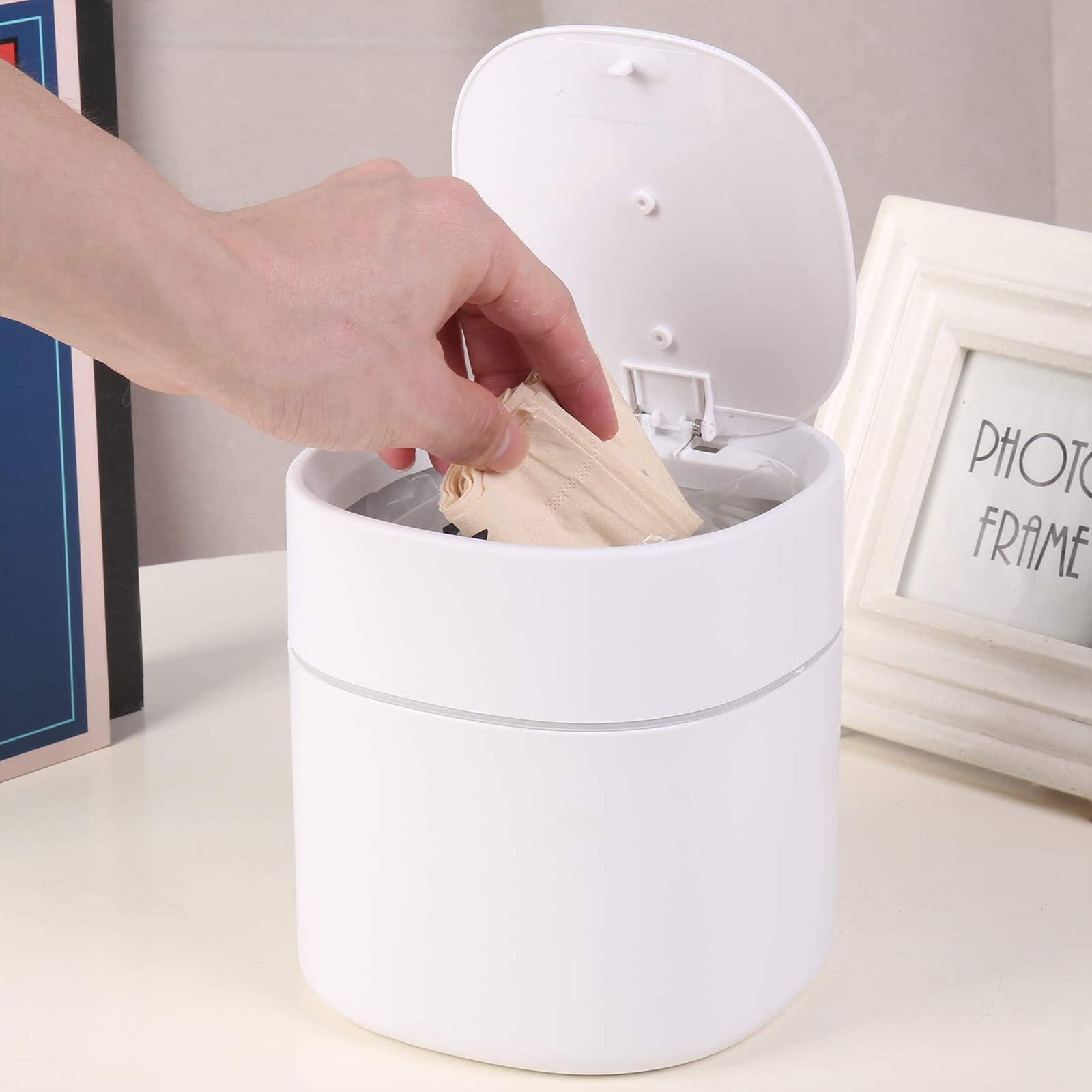 LtyTz Mini Trash Can with Lid Desk Small Trash Can for Bathroom Vanity, Desktop, Tabletop or Coffee Table - Dispose of Cotton Rounds, Makeup Sponges, Tissues; 2 Liter (Square Press - White)