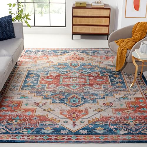 SAFAVIEH Tucson Collection Area Rug - 8' x 10', Blue & Rust, Persian Medallion Design, Non-Shedding Machine Washable & Slip Resistant Ideal for High Traffic Areas in Living Room, Bedroom (TSN116M)