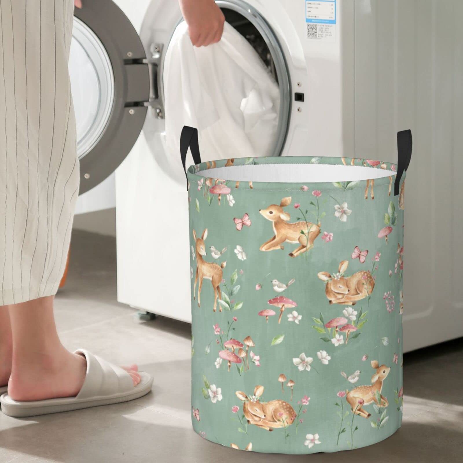 Gbuzozie 38L Round Laundry Hamper Cute Deers Storage Basket Waterproof Coating Woodland Forest Animals Butterflies And Flowers Organizer Bin For Nursery Clothes Toys