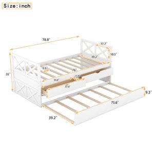 LZ LEISURE ZONE Twin Size House Bed, Solid Wood Platform Bed with Trundle, 3 Storage Drawers and Roof, White