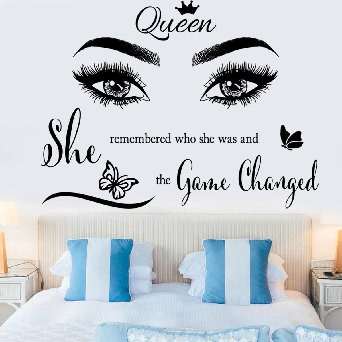 Inspirational Wall Sticker Pretty Eyelashes Eyes Wall Decals Motivational Word Letter Decal Wall Art Quote She Remembered Who She Was and The Game Changed Wall Stickers for Women Girls Bedroom Living