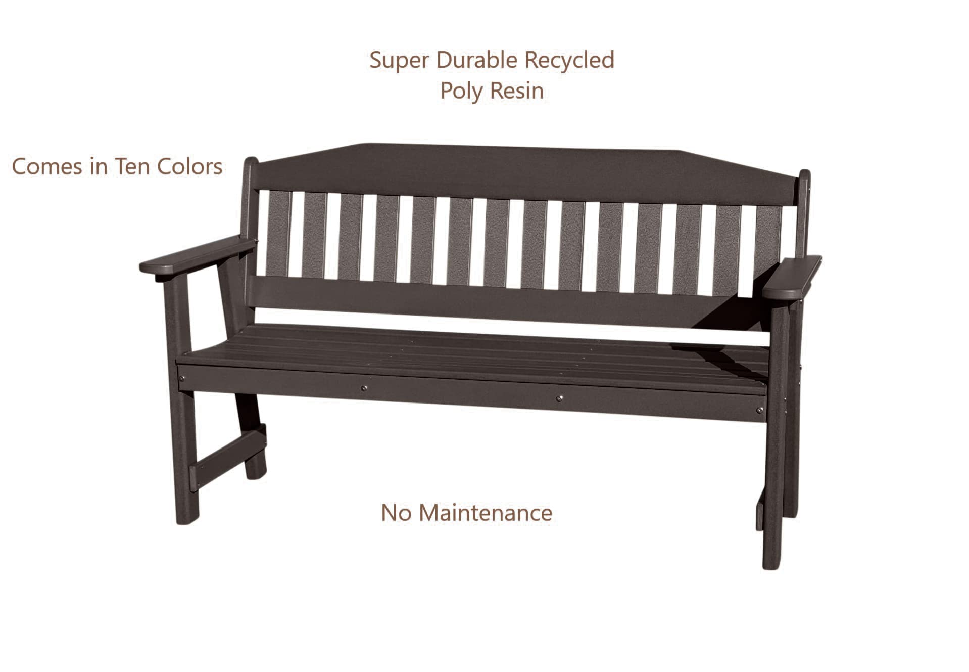 Phat Tommy Outdoor Garden Bench, Poly Lumber Outdoor Furniture, Weatherproof & Recycled Bench with Back, Brown