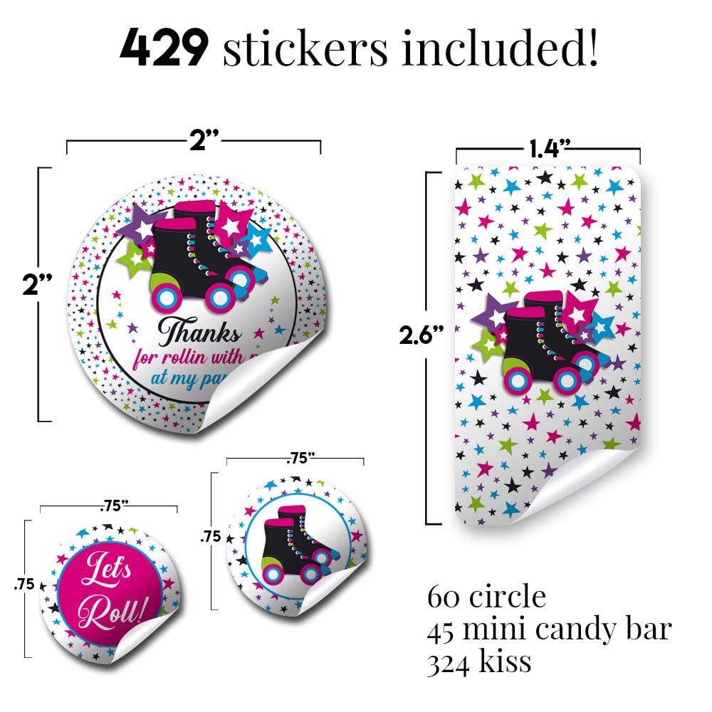 Let's Roll Star Roller Skating Birthday Party Sticker Bundle Kit - 429 Pieces!!! Includes 60 2" Circle Stickers for Favors & Bags, 45 Mini Candy Wrappers, & 324 Round Kiss Stickers by Amanda Creation