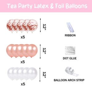 Hombae Tea Party Decorations, Rose Gold Let's Par Tea Balloons, Rose Foil Balloons, Tea Flower Cutouts for Wedding Bridal Shower Engagement Bachelorette Girls Tea Birthday Party