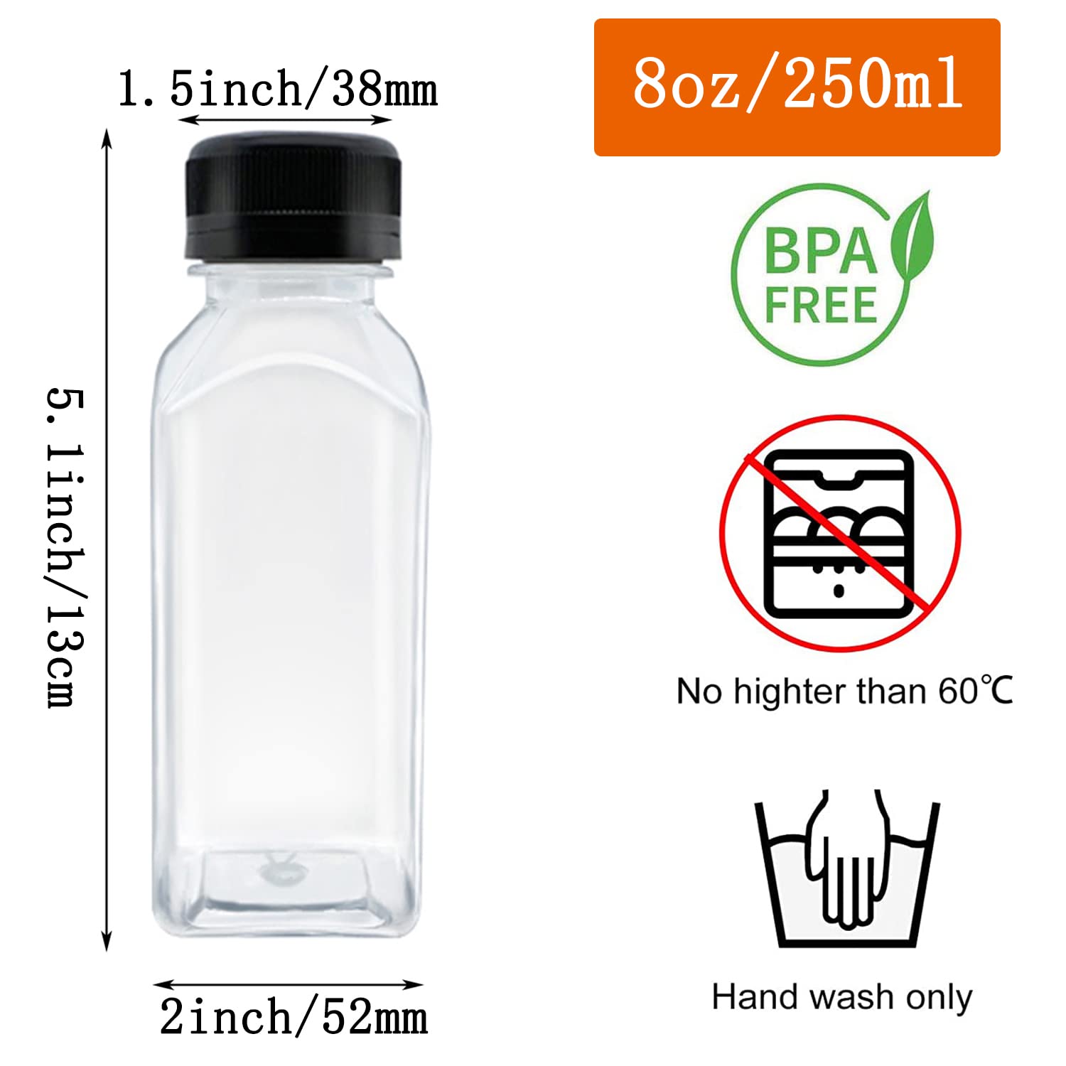 MYYZMY 8 Pcs 8 Ounce Plastic Juice Bottles, Reusable Bulk Beverage Containers for Juice, Milk and Other Beverages, Black lid