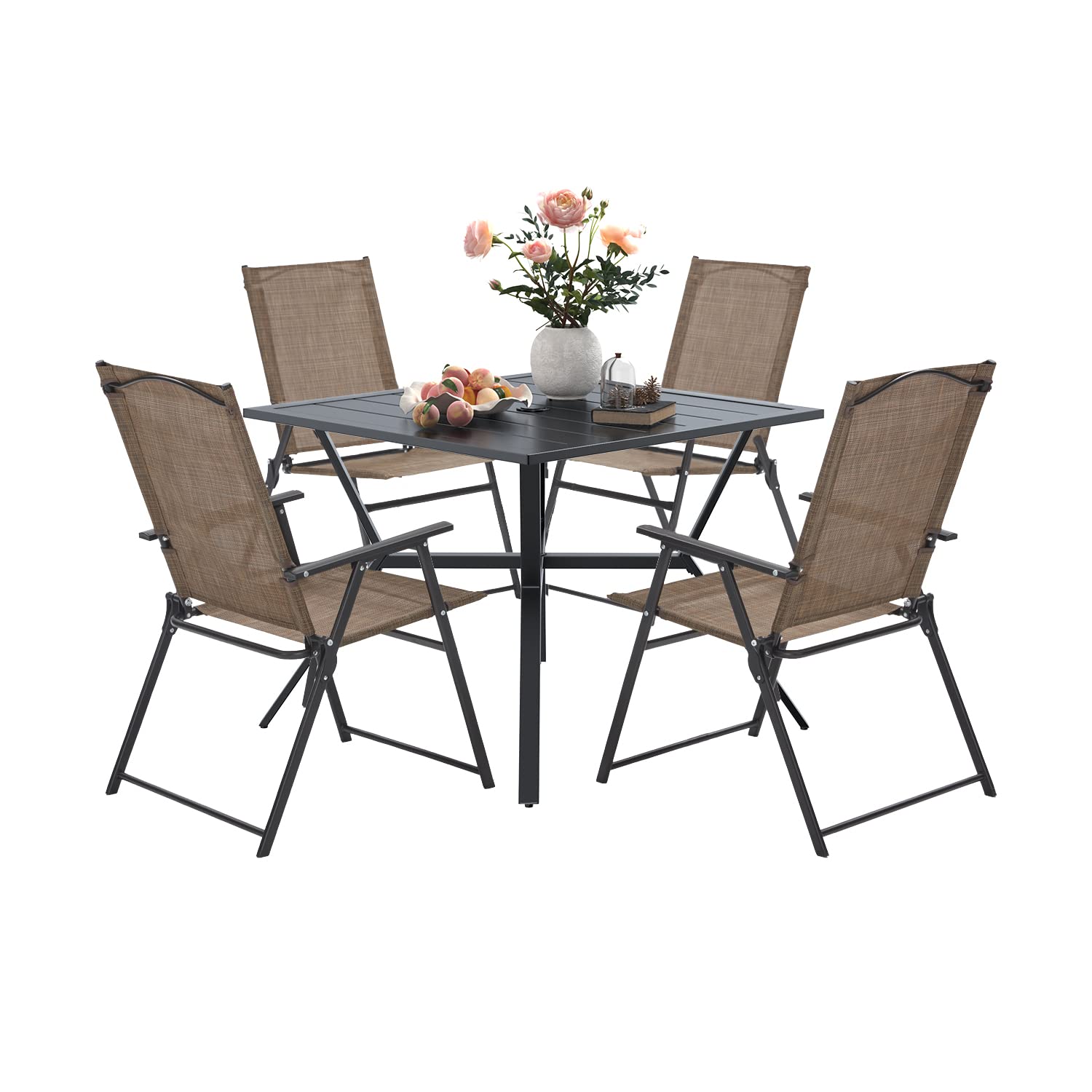 VICLLAX 5 Pieces Outdoor Patio Dining Table and Chairs Set, 4 Portable Dining Chairs & Square Metal Frame Table with Umbrella Hole for Backyard Garden Deck, Brown/Black