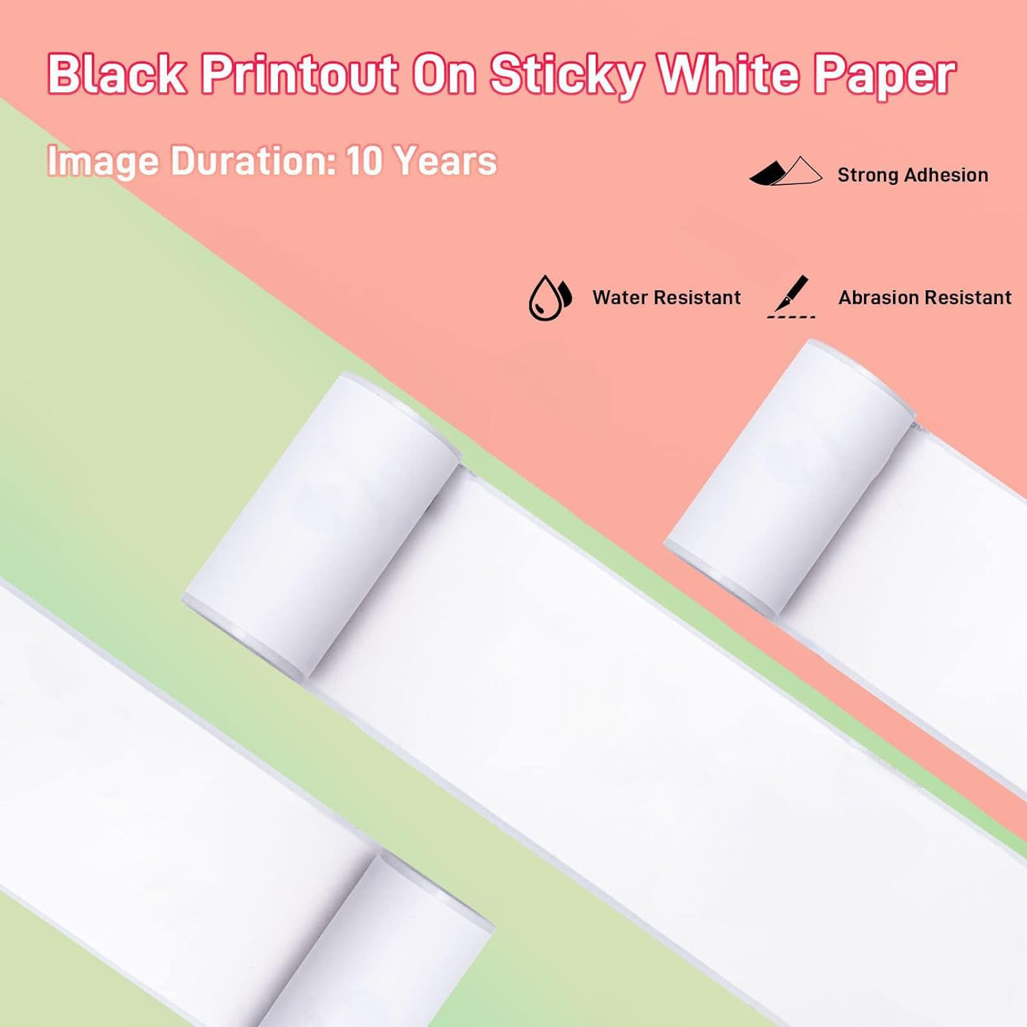 Ponek Mini Pocket Sticker Printer - T02 Black On White Self-Adhesive Paper, Thermal Paper 50mm x 3.5m, 3 Rolls, Keep for 10 Years, Mini Printer for Journal, Notes, Memo