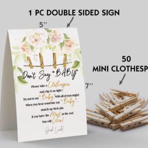 Don't Say Baby Sign, Baby Shower Clothespin Game, Includes a 5x7 Standing Sign and 50 Mini Natural Clothespins - Toctose055