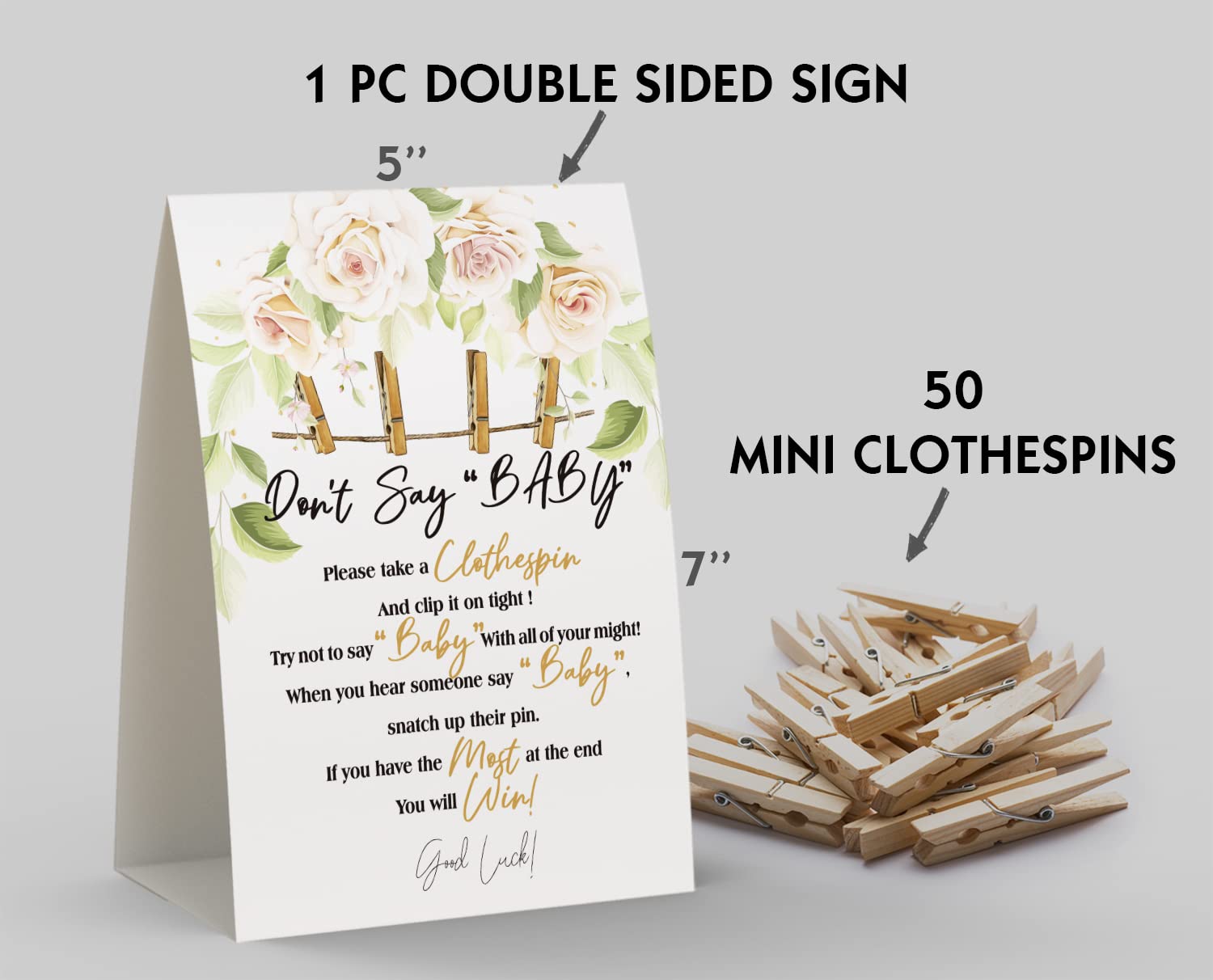 Don't Say Baby Sign, Baby Shower Clothespin Game, Includes a 5x7 Standing Sign and 50 Mini Natural Clothespins - Toctose055