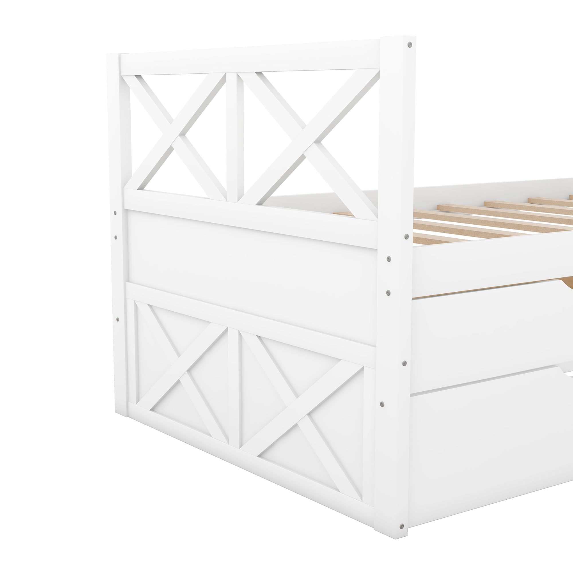 LZ LEISURE ZONE Twin Size House Bed, Solid Wood Platform Bed with Trundle, 3 Storage Drawers and Roof, White