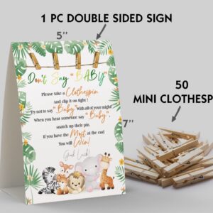 Don't Say Baby Sign, Baby Shower Clothespin Game, Includes a 5x7 Standing Sign and 50 Mini Natural Clothespins - Toctose046