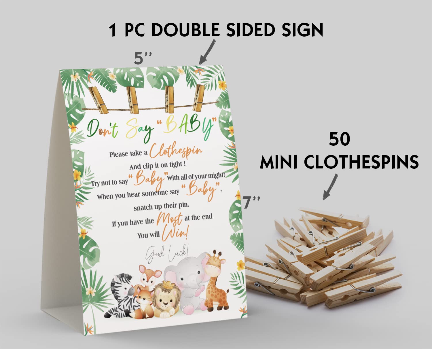 Don't Say Baby Sign, Baby Shower Clothespin Game, Includes a 5x7 Standing Sign and 50 Mini Natural Clothespins - Toctose046