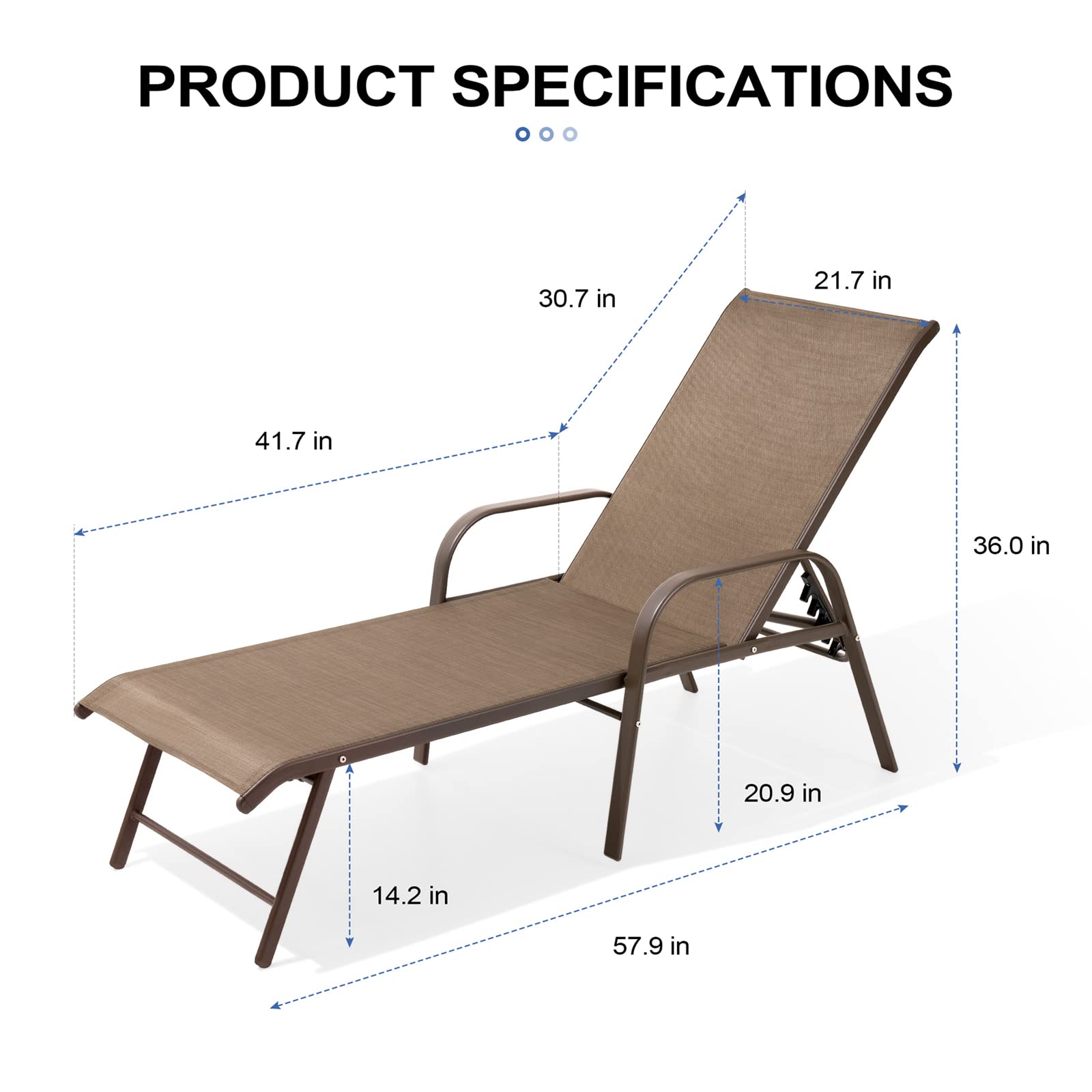 Crestlive Products Chaise Lounge Chair Outdoor with Armrests, Pool Lounge Chairs Set of 2, Aluminum Adjustable 5 Positions Sun Tanning Lounger for Patio, Poolside, Yard, Deck, Backyard (Brown)