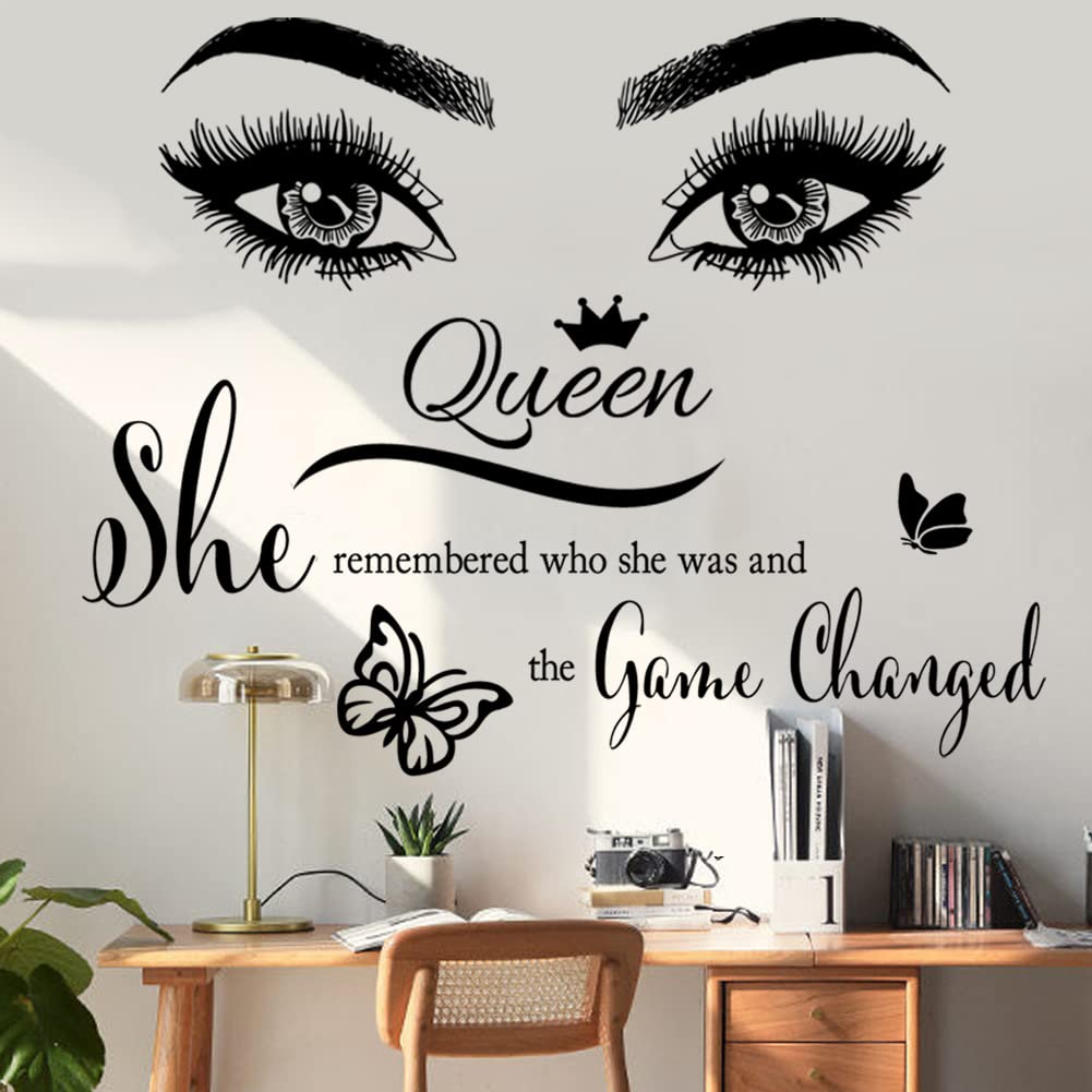 Inspirational Wall Sticker Pretty Eyelashes Eyes Wall Decals Motivational Word Letter Decal Wall Art Quote She Remembered Who She Was and The Game Changed Wall Stickers for Women Girls Bedroom Living