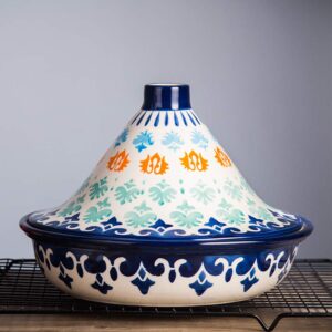 Large Ceramic Tagine Pot 1.2 QT Hand Made Moroccan Tagine with Cone Shaped Lid 10” Base x 7.3” Tall for Cooking and Stew Casserole Slow Cooker