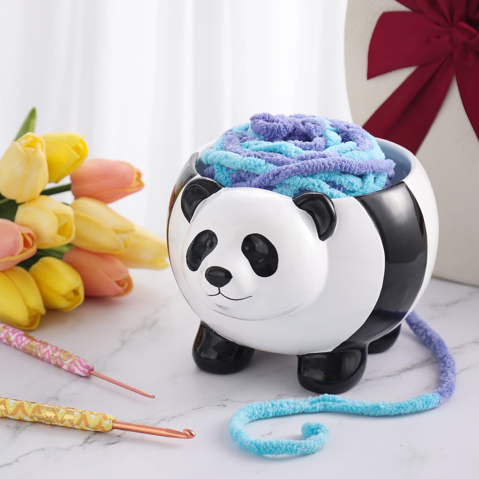 Wyleaves Sheep Ceramic Yarn Bowl Knitting Yarn Ball Holder Handmade Craft Knitting Bowl Storage Crocheting Accessories and Supplies Organizer, Ceramic Yarn Bowl, Panda/Sheep