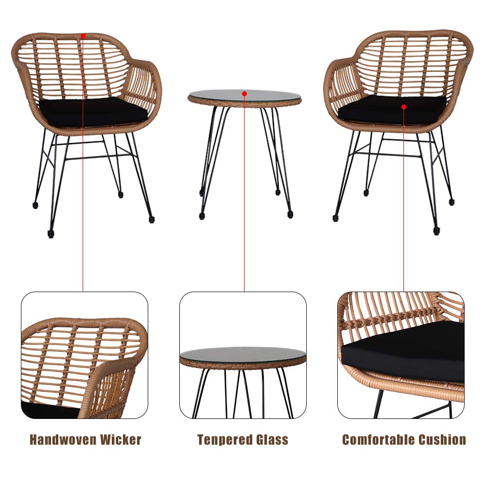 Patio Porch Furniture Set 3 Pieces, Outdoor Wicker Rattan Chairs Of 2, Front Porch Furniture, Outside Balcony Conversation Chairs With Tempered Glass Tabletop For Garden Indoor Outside (Style 1)