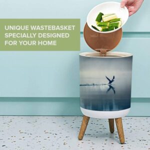 Small Trash Can with Lid Spring landscape with takeoff Loon misty morning Bird were scattered Garbage Bin Round Waste Bin Press Cover Dog Proof Wastebasket for Kitchen Bathroom Living Room 1.8 Gallon