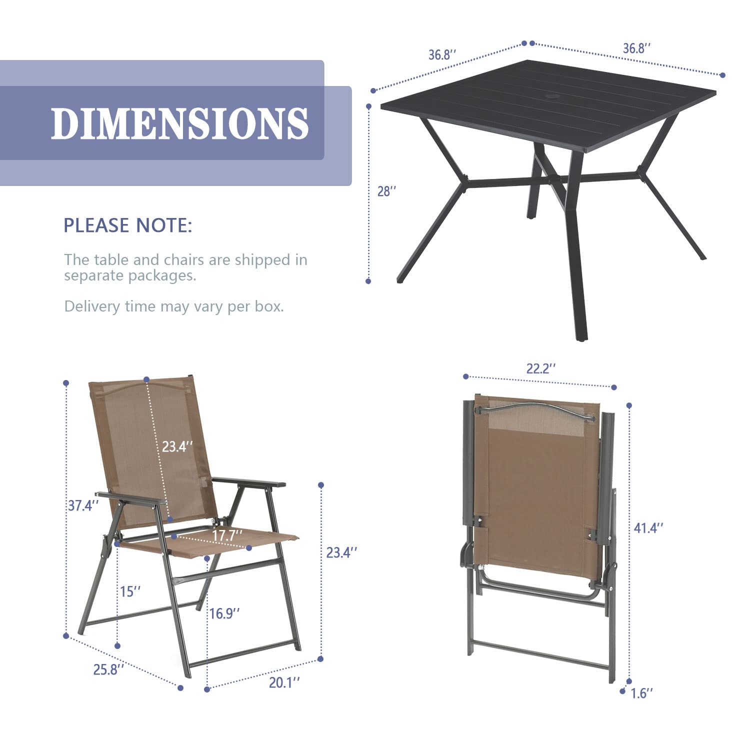 VICLLAX 5 Pieces Outdoor Patio Dining Table and Chairs Set, 4 Portable Dining Chairs & Square Metal Frame Table with Umbrella Hole for Backyard Garden Deck, Brown/Black