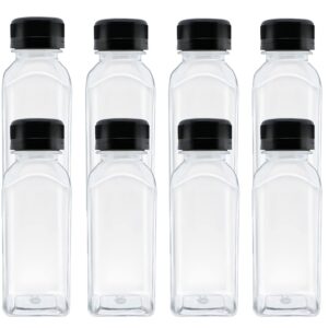 MYYZMY 8 Pcs 8 Ounce Plastic Juice Bottles, Reusable Bulk Beverage Containers for Juice, Milk and Other Beverages, Black lid