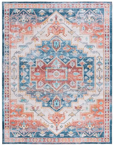 SAFAVIEH Tucson Collection Area Rug - 8' x 10', Blue & Rust, Persian Medallion Design, Non-Shedding Machine Washable & Slip Resistant Ideal for High Traffic Areas in Living Room, Bedroom (TSN116M)