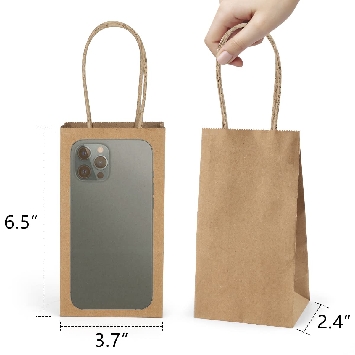 Poever Small Kraft Paper Bags 25 Pack Mini Brown Paper Bags 3.5x2.4x6.7 Small Gift Bags with Handles Bulk for Party Favor Small Business