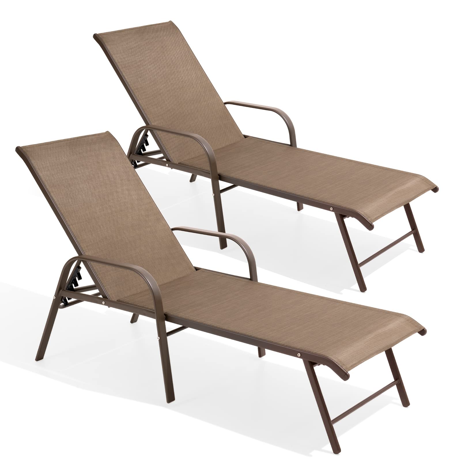 Crestlive Products Chaise Lounge Chair Outdoor with Armrests, Pool Lounge Chairs Set of 2, Aluminum Adjustable 5 Positions Sun Tanning Lounger for Patio, Poolside, Yard, Deck, Backyard (Brown)