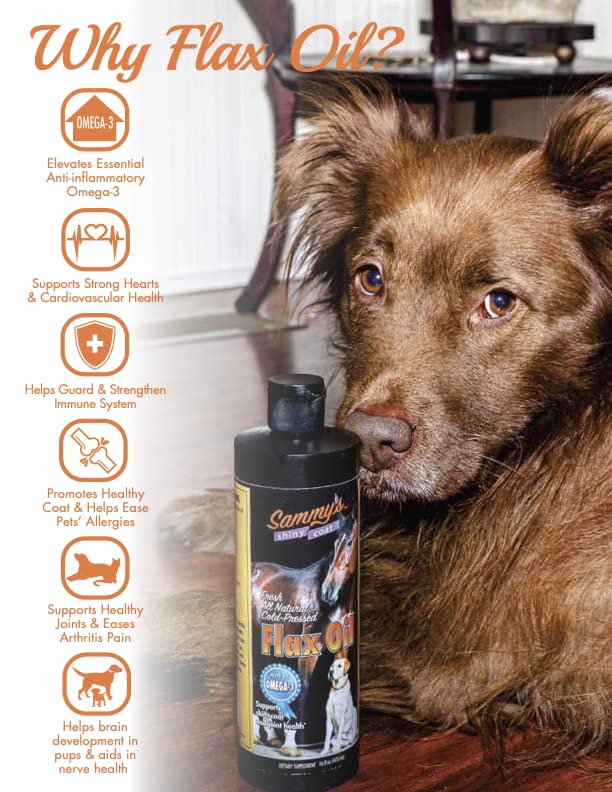 Sammy’s™ Shiny Coat Flaxseed Oil - 100% Pure, Natural Flax Oil, Cold-Pressed, Excellent Source of Omega-3 for Your Furry Friend, for Healthier Skin and Coat of Your Dogs, Cats, Other Pets - 32 Oz