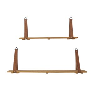 cosmoliving by cosmopolitan wood 2 shelves wall shelf with faux leather straps, set of 2 24", 32"w, brown