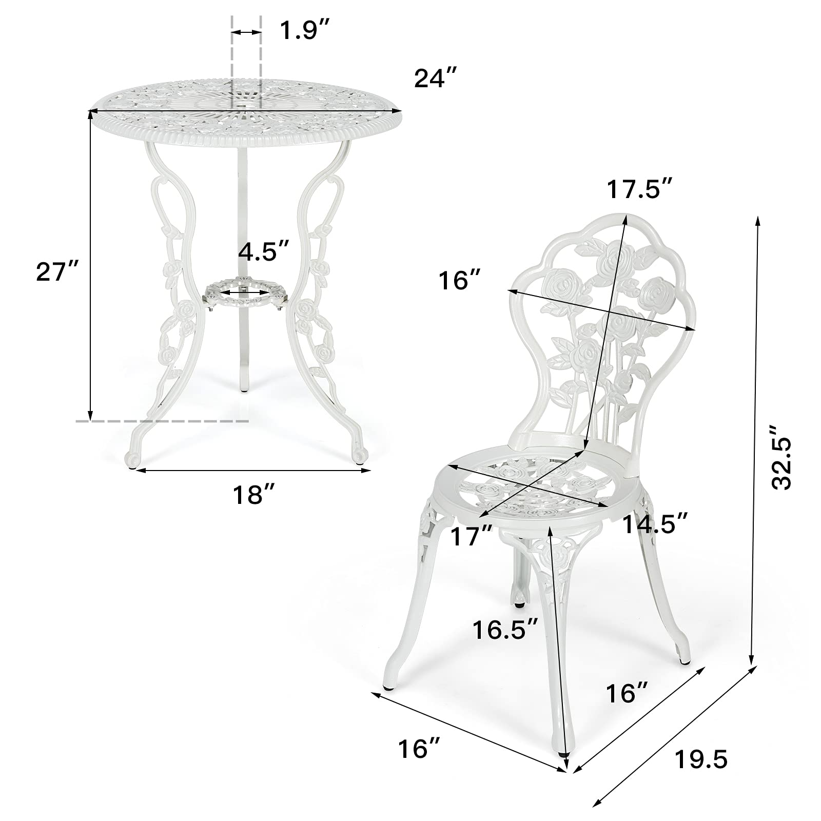 Tangkula 3 Pieces Patio Bistro Set, Outdoor Aluminium Patio Furniture Set, Outdoor Chairs and Table with Umbrella Hole, Patio Dining Set for Balcony Backyard Garden & Poolside (White)