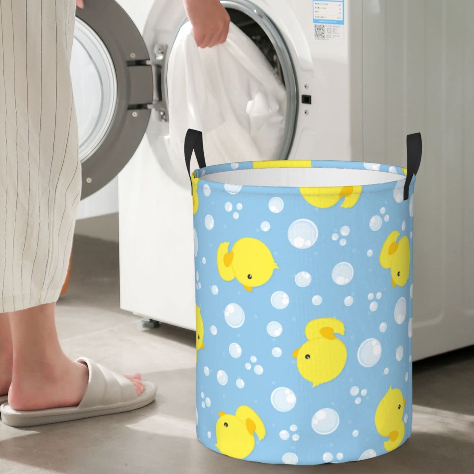 Gbuzozie 38L Round Laundry Hamper Cute Rubber Ducks Storage Basket Waterproof Coating Organizer Bin For Nursery Clothes Toys