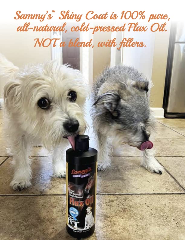 Sammy’s™ Shiny Coat Flaxseed Oil - 100% Pure, Natural Flax Oil, Cold-Pressed, Excellent Source of Omega-3 for Your Furry Friend, for Healthier Skin and Coat of Your Dogs, Cats, Other Pets - 32 Oz