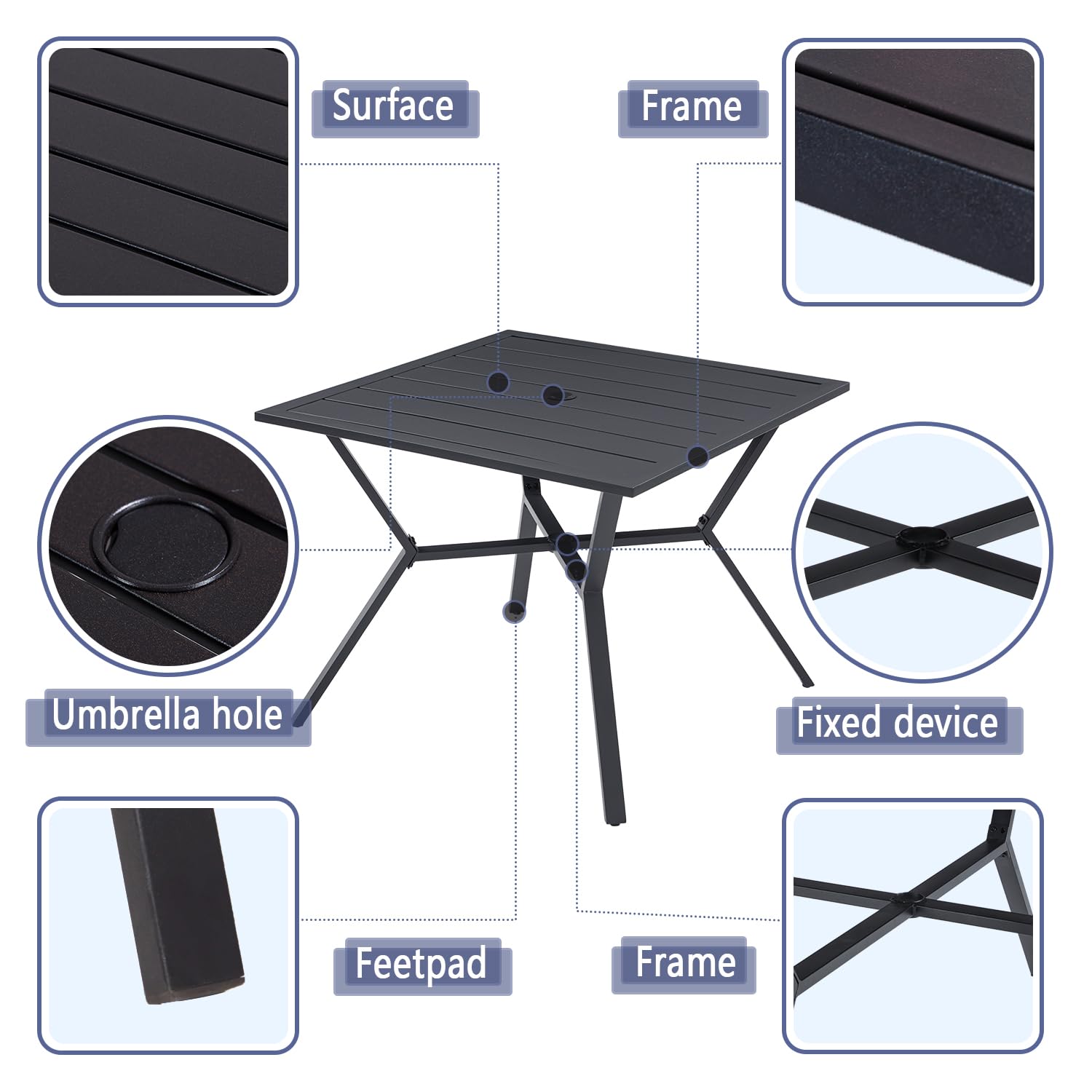 VICLLAX 5 Pieces Outdoor Patio Dining Table and Chairs Set, 4 Portable Dining Chairs & Square Metal Frame Table with Umbrella Hole for Backyard Garden Deck, Brown/Black