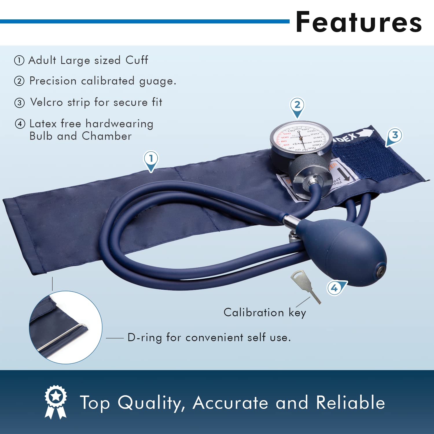 NOVAMEDIC Large Adult Size Self Taking Blue Blood Pressure Machine and Stethoscope Kit, Manual BP Monitor with Adjustable Upper Arm Cuff for Monitoring High Blood Pressure, Includes Carrying Case