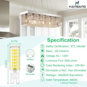 hansang 10 Pack G9 LED Bulbs 4000K Natural Daylight 6W (60W Halogen Equivalent) T4 Chandelier Light Bulbs G9 Bi Pin Ceramic Base, No-Flicker AC120V 600LM 360°Beam Angle No-Dimmable