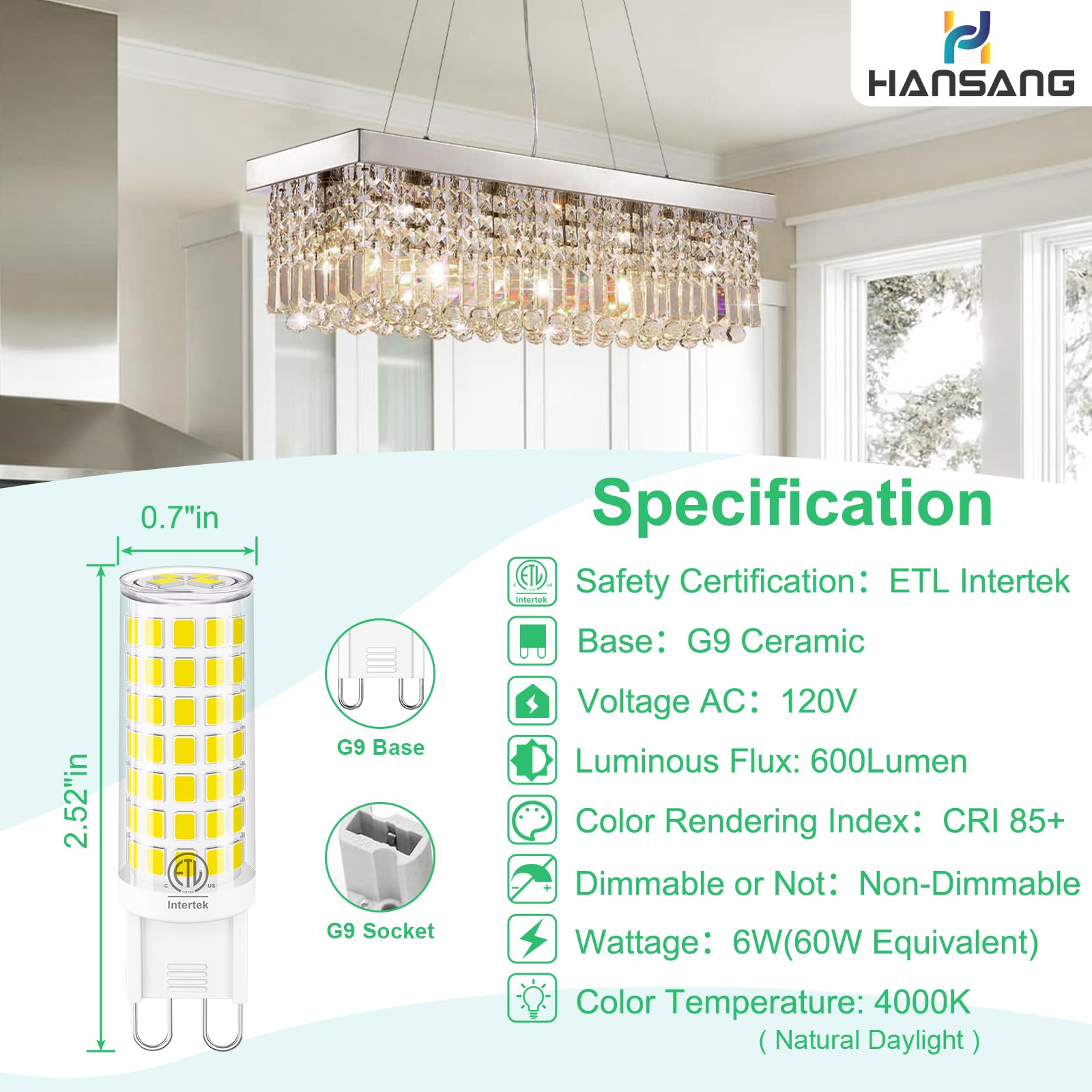 hansang 10 Pack G9 LED Bulbs 4000K Natural Daylight 6W (60W Halogen Equivalent) T4 Chandelier Light Bulbs G9 Bi Pin Ceramic Base, No-Flicker AC120V 600LM 360°Beam Angle No-Dimmable