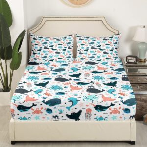 Cute Whale Bed Sheets Full Size, Kids Kawaii Cartoon Octopus Sheet Set, Jellyfish Shell Starfish Crab Fitted Sheet For Little Boys Girls, Ocean Beach Sea Animals Bedding Set With Kawaii Flat Sheet