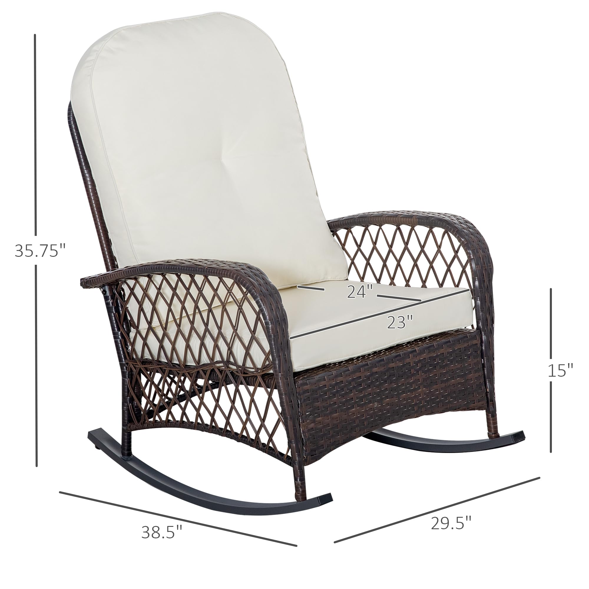 Outsunny Outdoor Wicker Rocking Chair with Wide Seat, Thickened Cushion, Rattan Rocker with Steel Frame for Patio, Garden, Backyard, Cream White