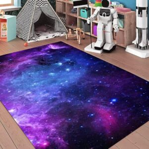 Purple Galaxy Flannel Area Rugs for Kitchen Dining Room Washable Starry Sky 3D Print Carpets Outer Space Floor Mats for Playroom Bedroom Pads,4'×6'